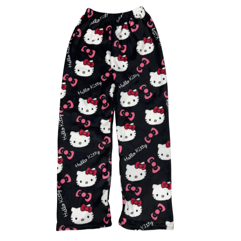 Kawaii Hello Kitty Flannel Pajama Pants – Warm Woolen Anime Trousers for Women, Cute Autumn Loungewear Gift