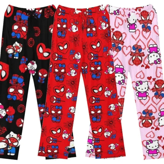 Hello Kitty Spider-Man Cotton Pajama Pants | Loose Cartoon Sleep Bottoms for Women and Men | Comfortable Lounge Wear for Girls