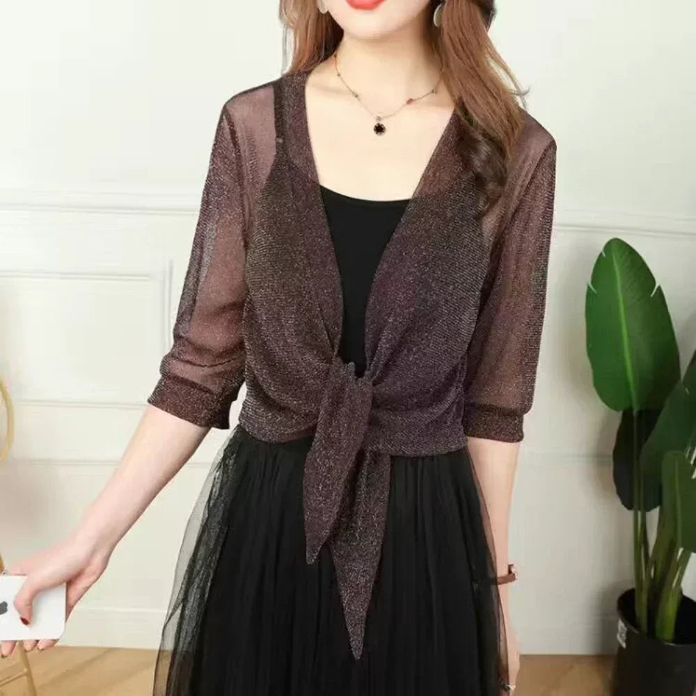 Sheer Glitter Lace-up Cardigan: Women's Half Sleeve Lightweight Summer Jacket - See-Through Loose Blouse