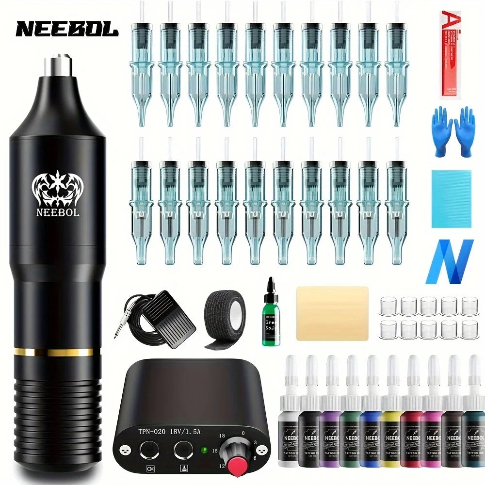 Neebol Wireless Tattoo Machine Kit — Complete Rotary Pen Set with Cartridges, Needles, Ink for Body Art & Valentine’s Gift