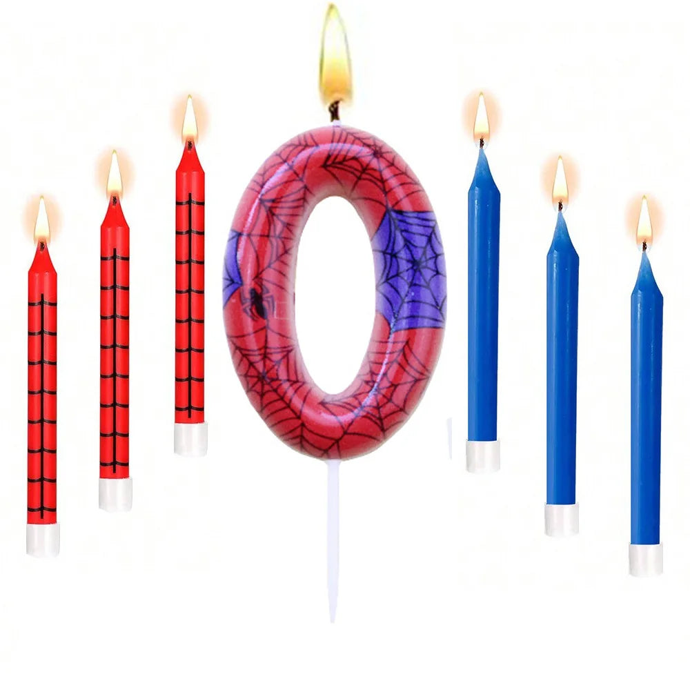 7Pcs Spider-Themed Number 4 Birthday Candles – Red & Blue Cartoon Cake Topper Decorations for Kids Party Supplies