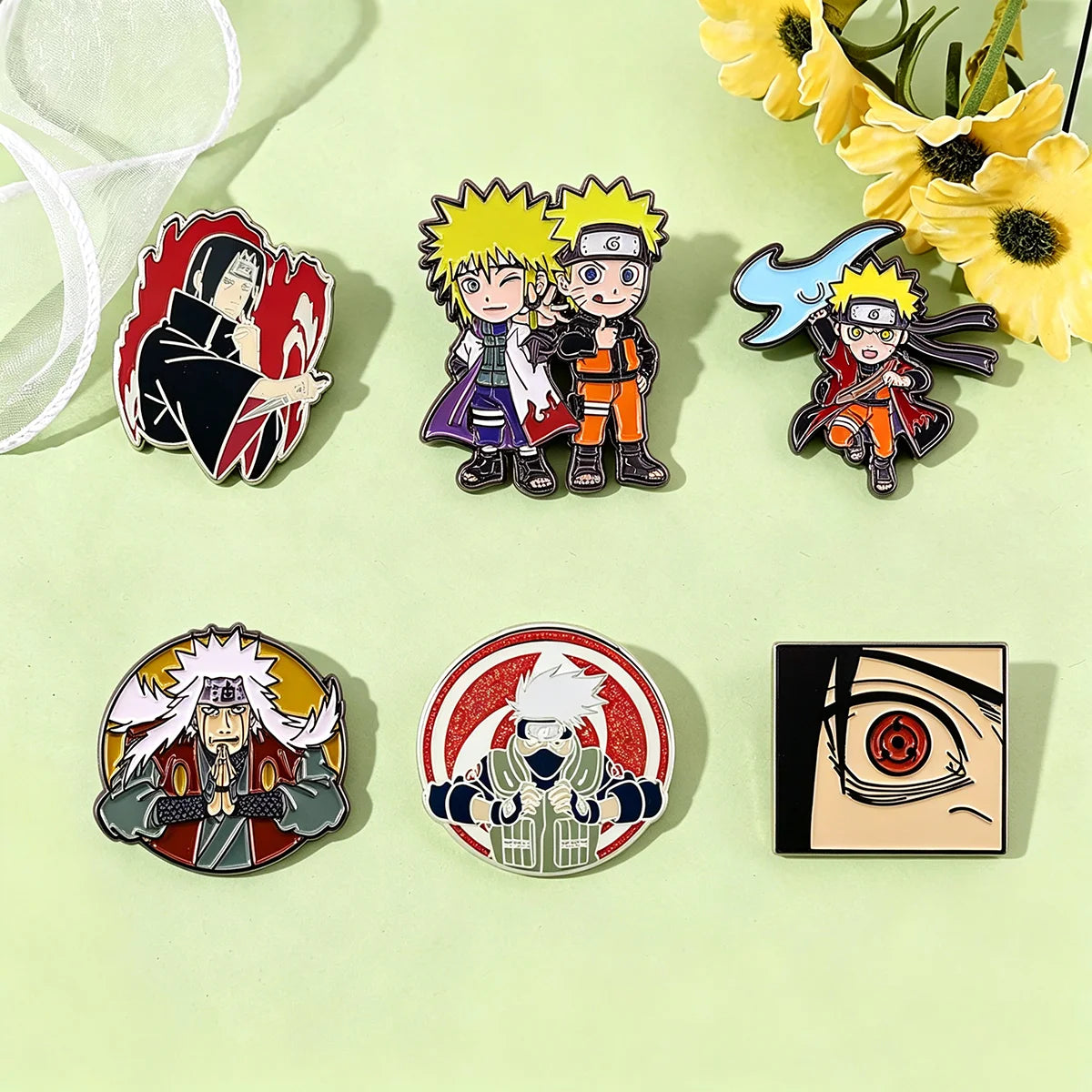 6PCS Anime Character Enamel Pins - Itachi, Kakashi and Jiraiya Metal Lapel Badges for Cosplay and Fan Collectibles