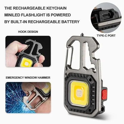 Rechargeable LED Keychain Flashlight - Mini Portable Pocket Work Light, Outdoor Camping Tool with Wrench, Screwdriver, and Safety Hammer