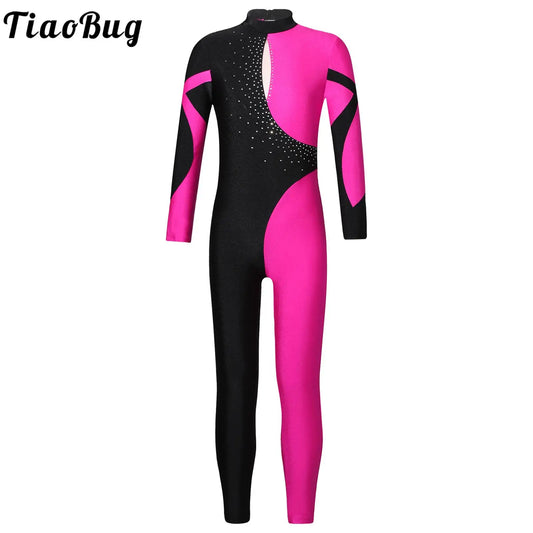 Kids Girls Long Sleeve Rhinestone Bodysuit — Full Body Dancewear Gymnastics Leotard Skating Jumpsuit