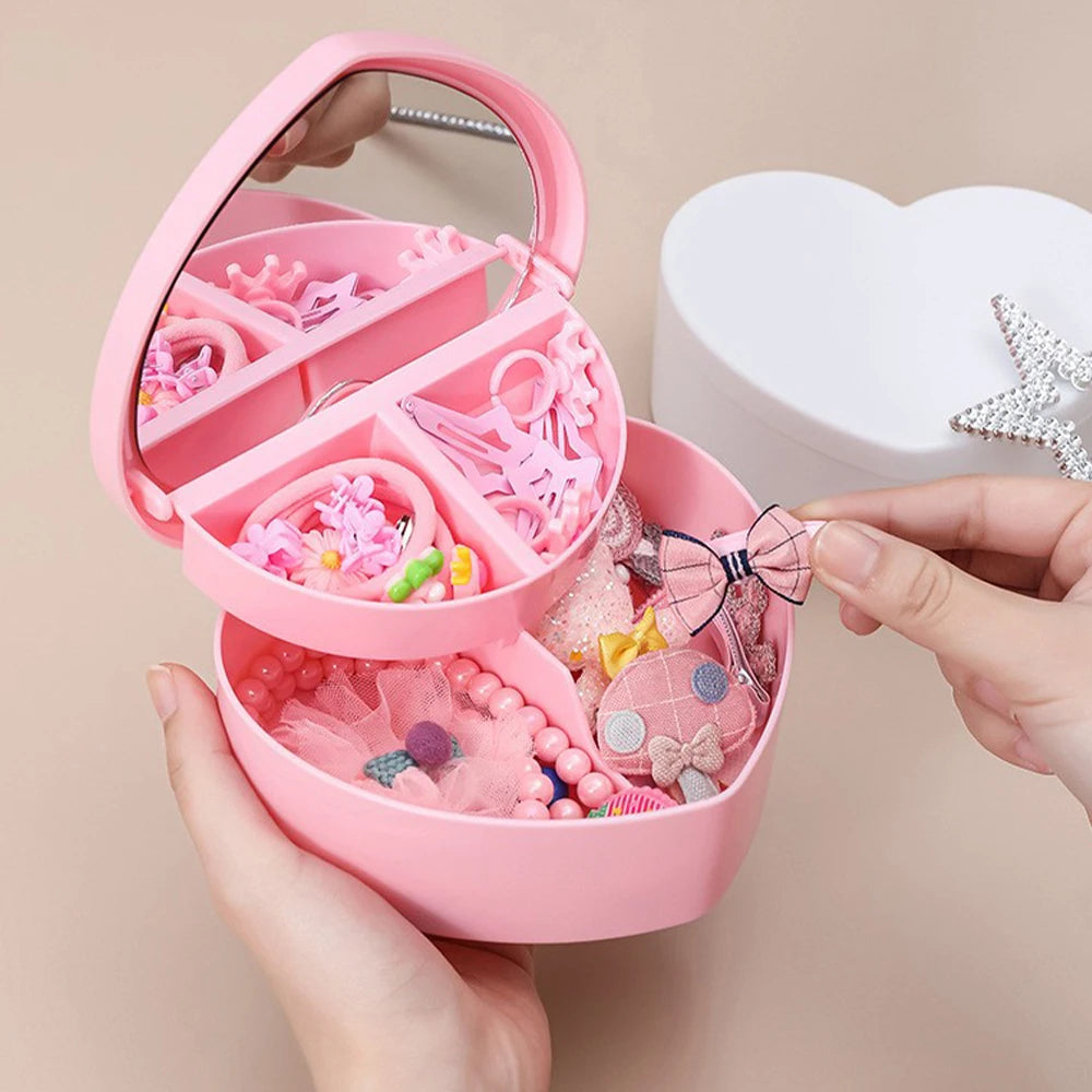 Pink Hair Accessories Storage Box - Portable Jewelry Organizer with Mirror for Girls & Travel