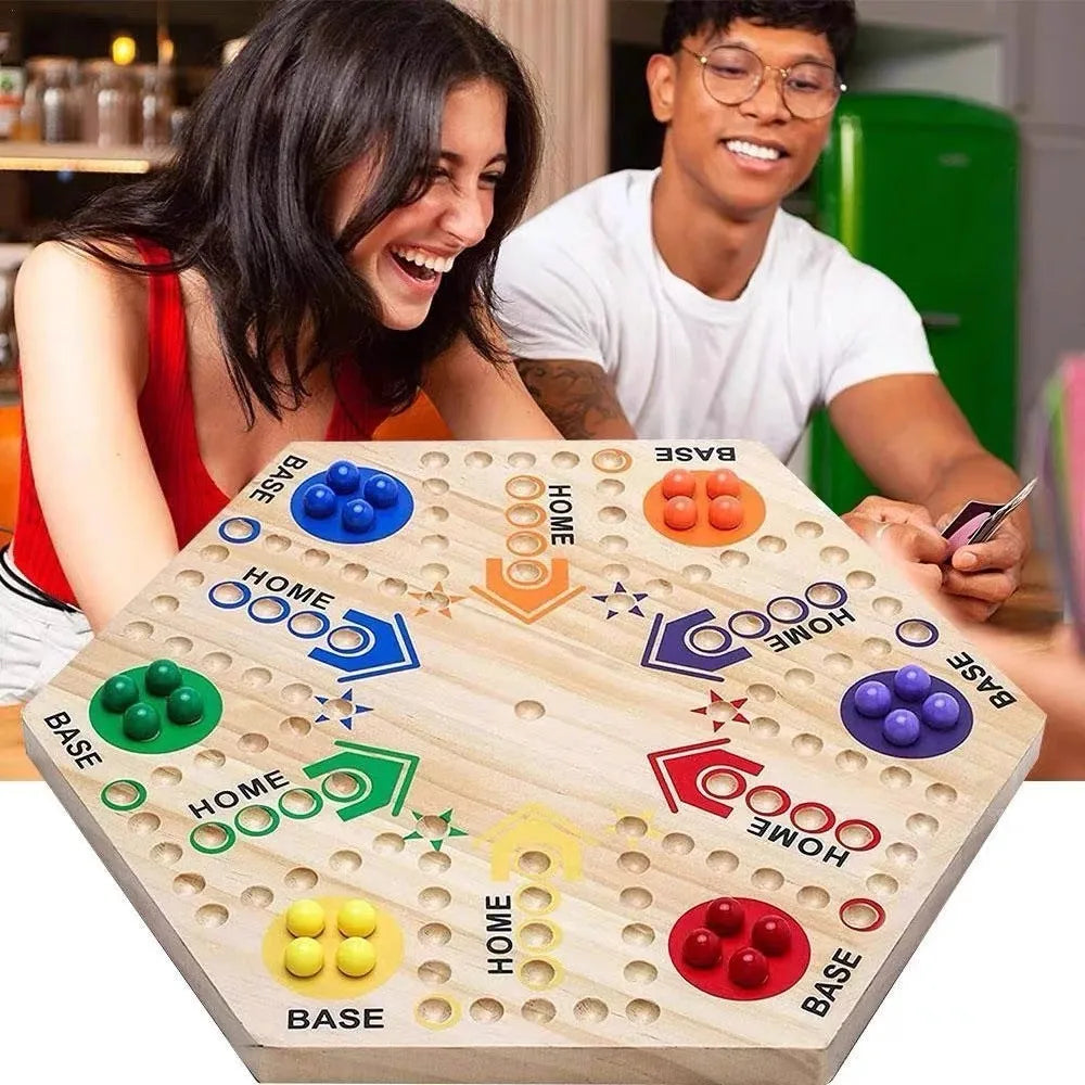 Marble Game Board - Double Sided Wooden Fast Track Board Game with 24 Marbles, 6 Dice & 6 Player Set