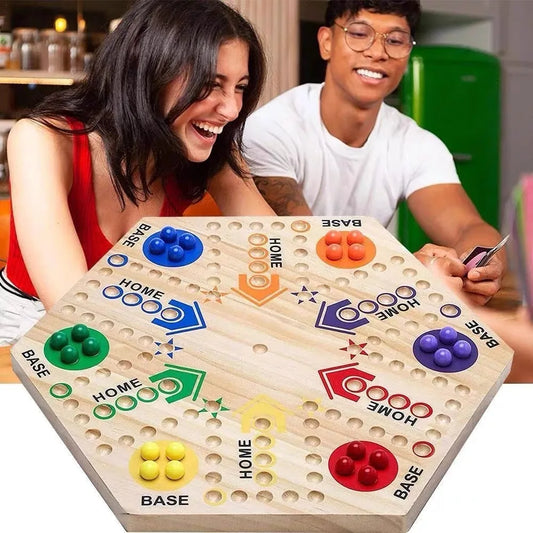 Marble Game Board - Double Sided Wooden Fast Track Board Game with 24 Marbles, 6 Dice & 6 Player Set