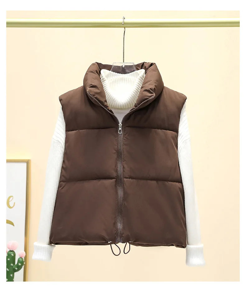 Winter Sleeveless Down Vest for Women – Warm Stand Collar, Zipper Jacket, Quilted Cropped Casual Street Outerwear