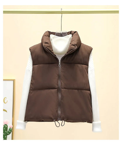 Winter Sleeveless Down Vest for Women – Warm Stand Collar, Zipper Jacket, Quilted Cropped Casual Street Outerwear