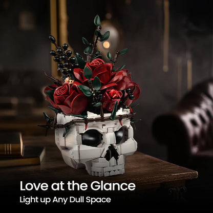 Skull Roses Bouquet Building Set – Gothic Skeleton Flower Pot Blocks for Horror Home Decor & Adult Christmas Gift