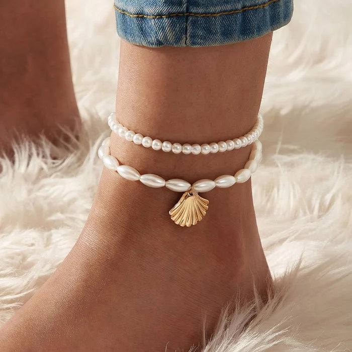 5pcs Boho Vintage Metal Anklet Set – Butterfly, Star & Heart Pendant Pearl Foot Bracelets for Women, Beach Fashion Jewelry Accessory