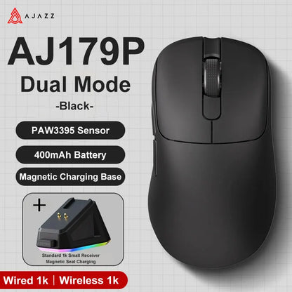 AJAZZ AJ179 PRO PAW3395 Gaming Mouse — Lightweight Wired & Wireless with Magnetic Charging Base, Ergonomic Macro Mouse for PC & Laptop