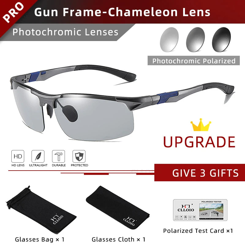 CLLOIO Aluminum Photochromic Sunglasses – Polarized Day & Night Chameleon Glasses for Men, Anti-Glare, UV Protection, Color Changing Sun Glasses