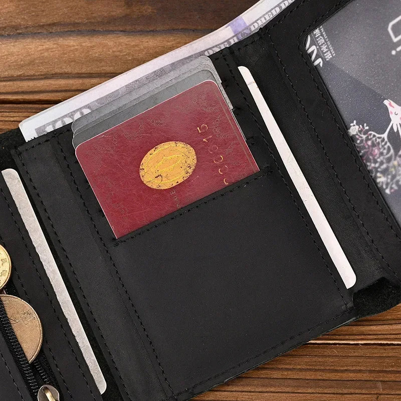 Men’s Genuine Leather Short Wallet with Chain – Trifold Zipper Clutch, Card Holder & Coin Purse