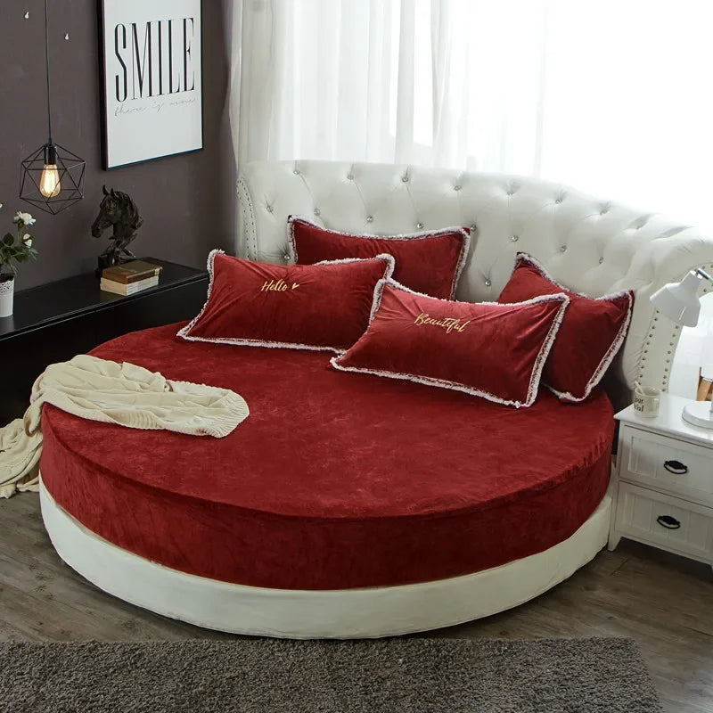 Coral Velvet Round Bed Sheet - Soft Flannel Winter Fitted Sheet for 200-220cm Round Beds, Pillowcase Not Included