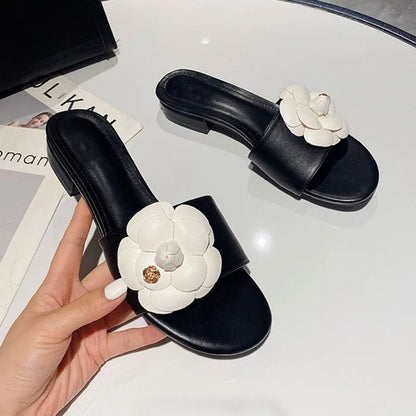 Luxury Women’s Flower Slippers — Camellia Open-Toe Slides for Home & Outdoor, Ladies Flip Flop Sandals