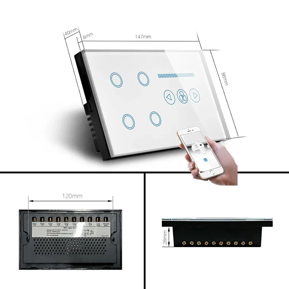 Tuya WiFi Smart Light Switch – 4 Gang Touch Panel, Fan Speed Dimmer, Power Metering, Alexa & Google Home Compatible
