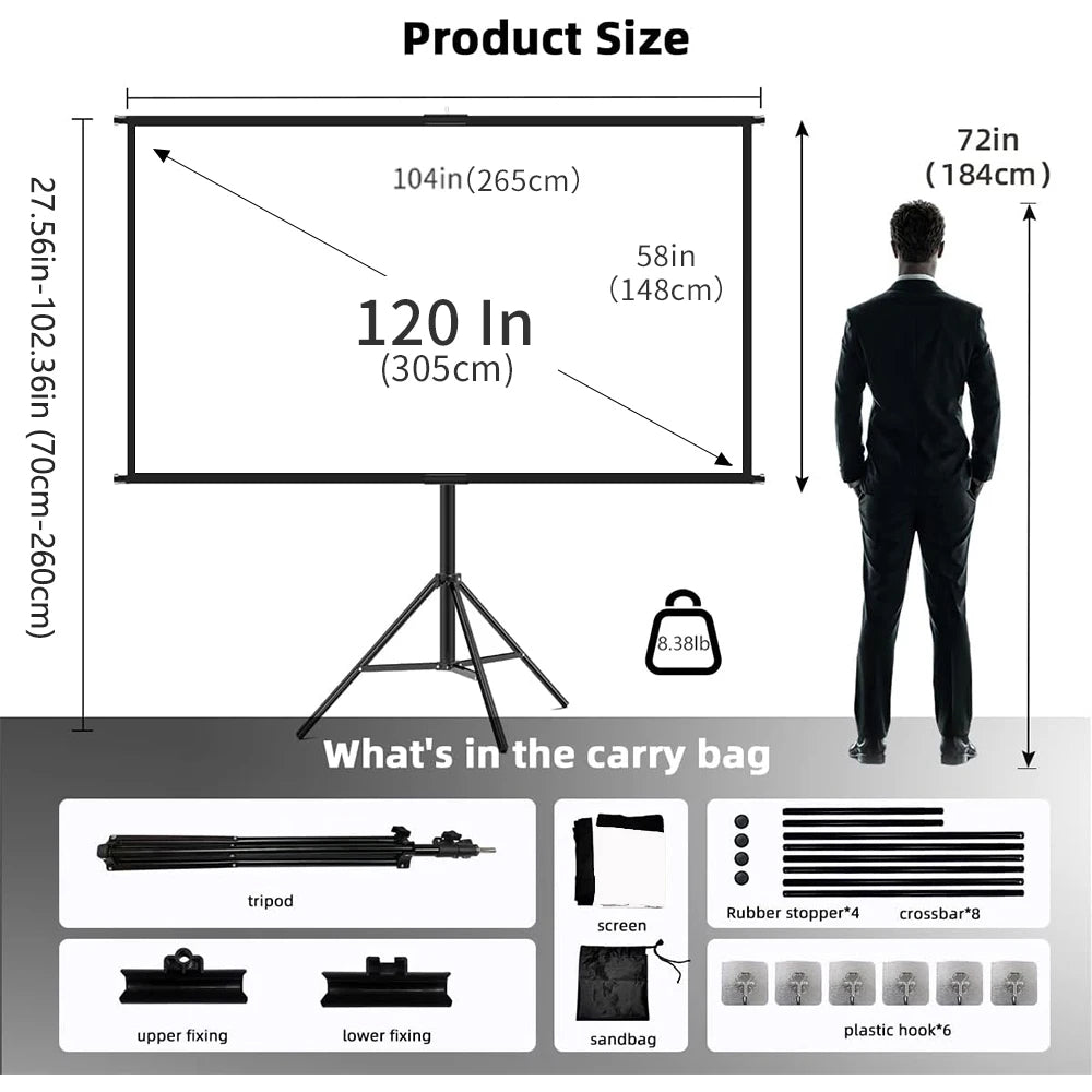 Foldable 16:9 Projector Screen with Stand – Wrinkle-Free 60–120" Portable Home Theater Indoor/Outdoor Screen