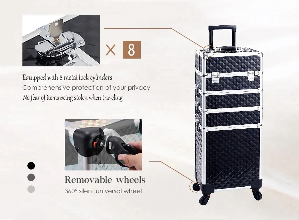 Makeup Trolley Case 4-in-1 — Detachable Alloy Train Briefcase with Wheels, Lockable Large Capacity Storage for Nail Manicure Salon