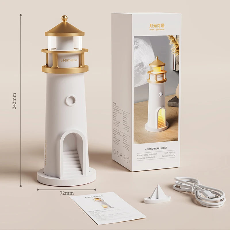 Moon Lamp Projection Night Light – Lighthouse Design with Bluetooth Music, Remote Control & Motion Sensor, Ambient Light for Xmas & Birthday Gift