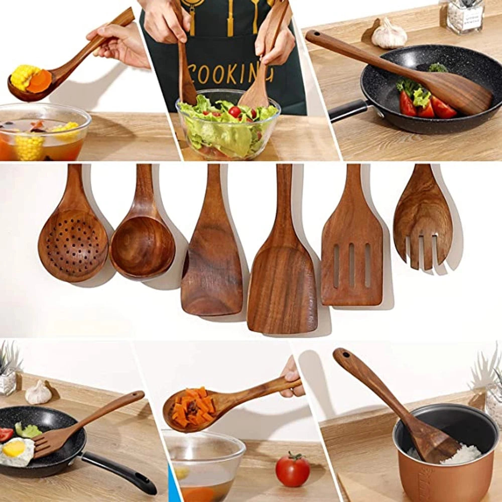 1–10PCS Teak Wooden Cooking Spoons – Smooth Non-Stick Wooden Utensils Set for Kitchen Cooking