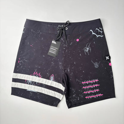 Men’s Two-Stripe Black Beach Shorts - Stretch Quick-Dry Bermuda Swim Trunks