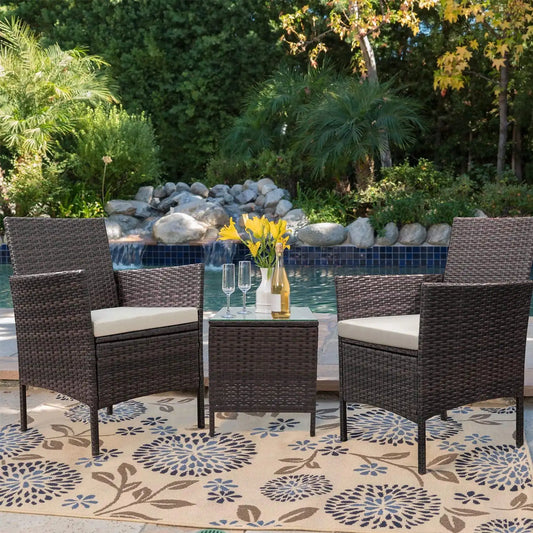 3-Piece Outdoor Patio Furniture Set – PE Rattan Wicker Bar Table & Chairs with Cushions & Tempered Glass, Brown/Beige