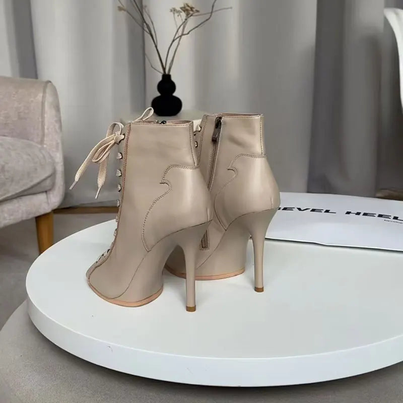 Women’s Genuine Leather Dance Boots - European Style Open Toe Thin High Heel Jazz Dance Shoes