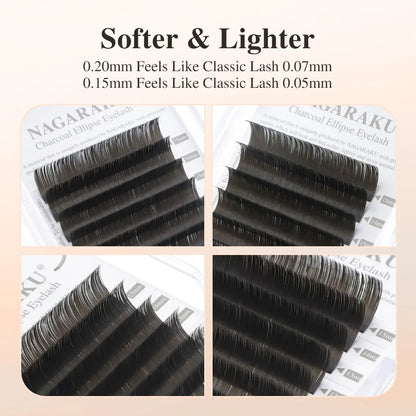 NAGARAKU Flat Ellipse Eyelashes — Matte Gray & Black Super Soft Natural Split-Tip Extension Lashes