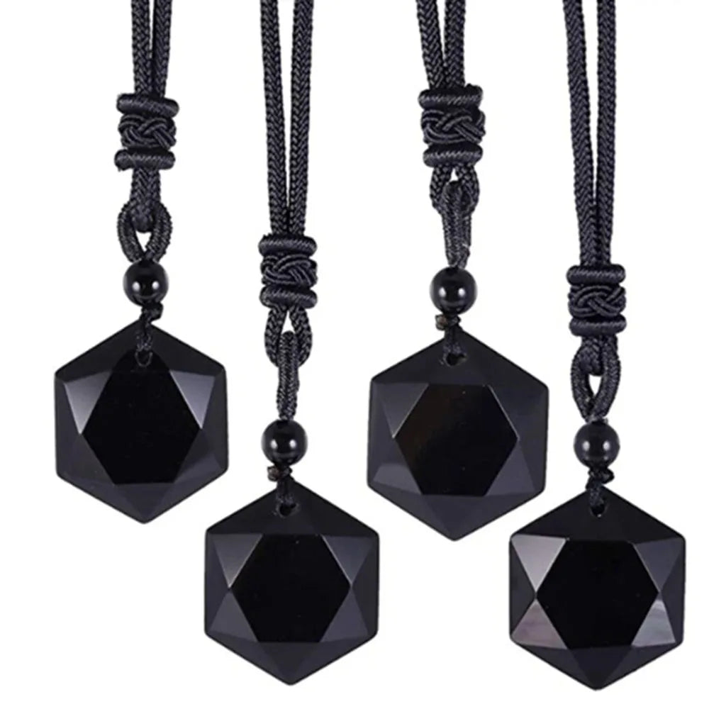 Obsidian Hexagram Pendant Necklace – Black Protection Amulet Jewelry for Men & Women
