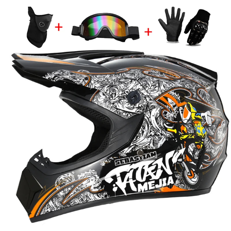 Youth & Kids Motorcycle Full Helmet - Children’s Motocross Casco Moto, Off-Road Protective Helmet with Goggles & Gloves