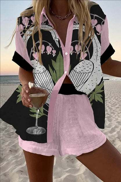 Women’s Summer 2-Piece Set – Lapel Short-Sleeve Shirt & Shorts, Elegant Loose Printed Outfit