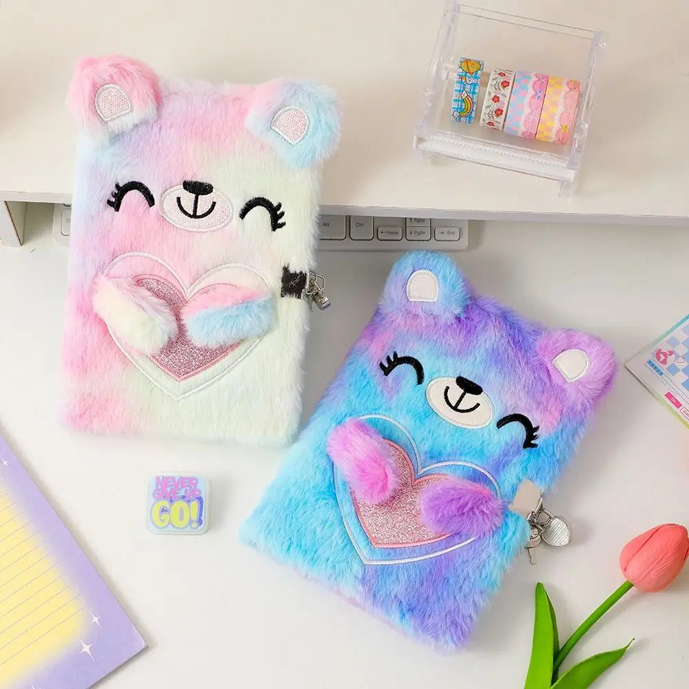 Cartoon Bear Plush Lock Notebook A5 Tie-Dye Diary Journal for Girls – Cute Stationery Gift