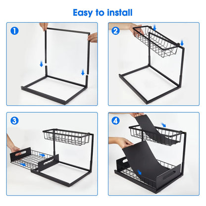 Under Sink 2-Tier Sliding Cabinet Organizer — Pull-Out Basket Drawer for Bathroom & Kitchen Storage