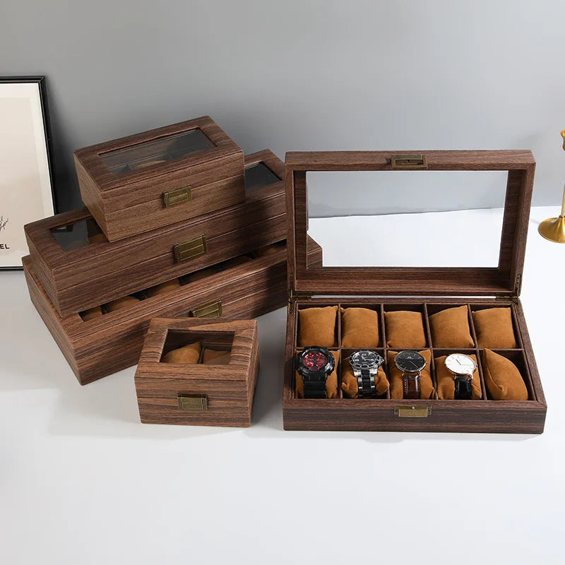 DELESYS Retro Imitation Wood Grain Leather Watch Box — Creative Gift Storage Case for Watches, Glasses & Accessories