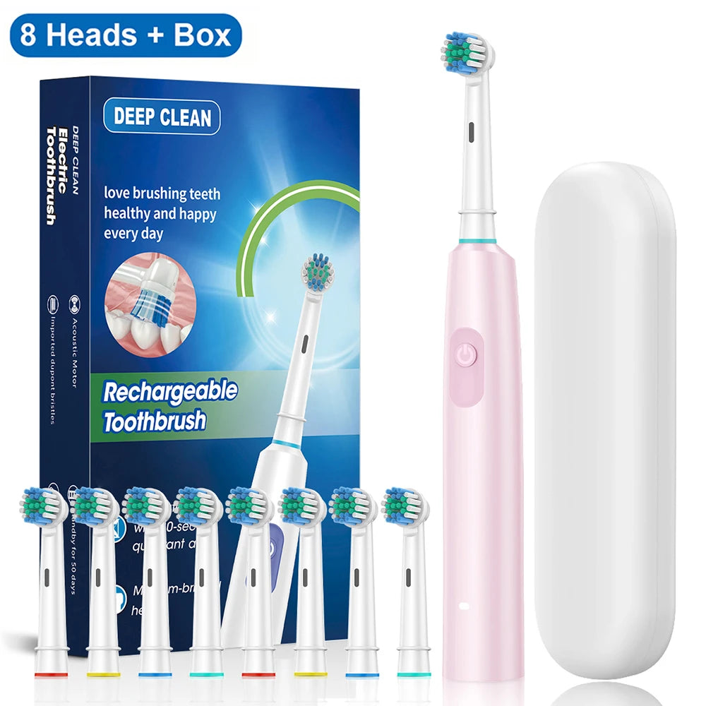 Rechargeable Rotary Electric Toothbrush for Adults – Powerful Rotating Toothbrush with 8 Soft Brush Heads