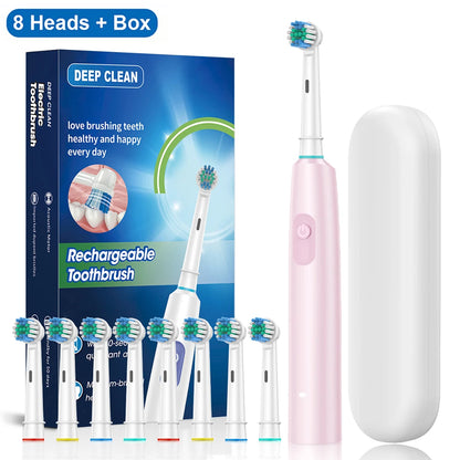 Rechargeable Rotary Electric Toothbrush for Adults – Powerful Rotating Toothbrush with 8 Soft Brush Heads