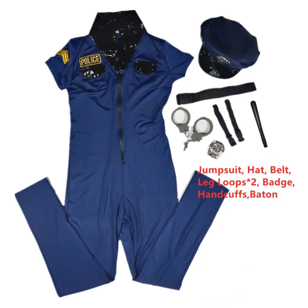 Women's Blue Police Jumpsuit Costume - 7-Piece Zipper Cop Uniform Set for Halloween Cosplay