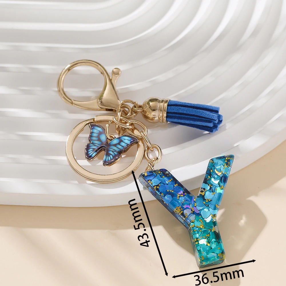 Royal Blue Butterfly Initial Keychain - Alloy Alphabet Letter & Tassel Backpack Charm
