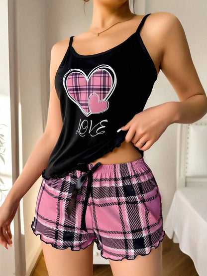 Women’s Sexy Suspender Pajama Set - Letter Print Plaid Shorts Romantic Thin Nightwear Home Wear