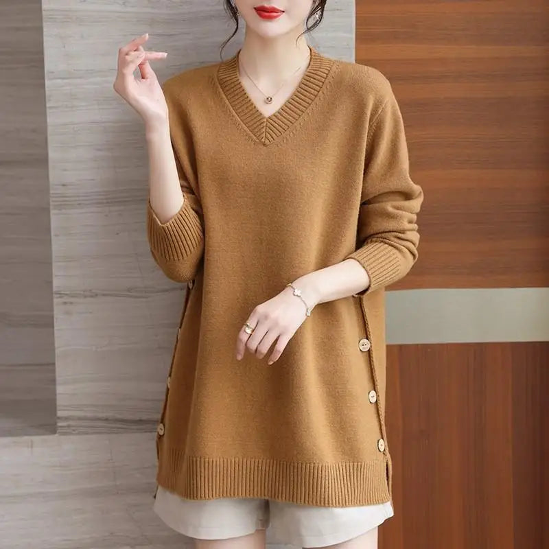 Plus Size 6XL 150kg Women's Winter V-Neck Knitted Sweater – Long Sleeve, Solid Color, Split Design