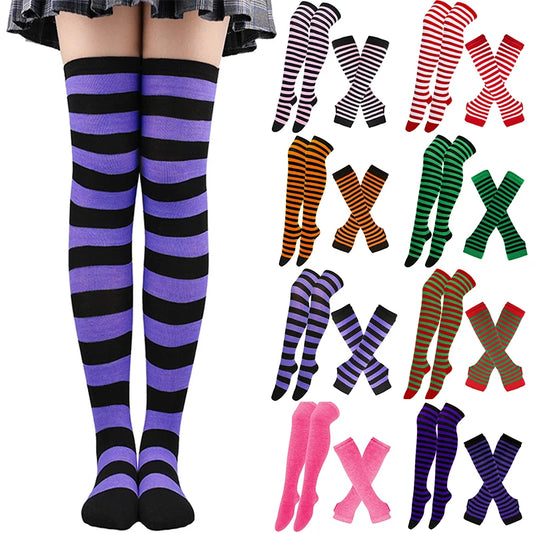 Women’s Over-Knee Long Stripe Socks & Arm Sleeve Gloves – Cute Plus Size Thigh High Cotton Socks