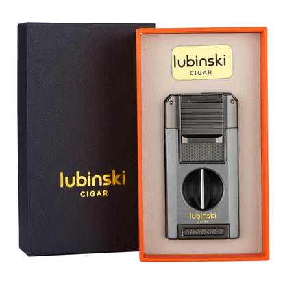 LUBINSKI 2-Torch Cigar Lighter – Metal Butane Gas Lighter with V-Cutter, Punch, and Needle Dredge for Cigar