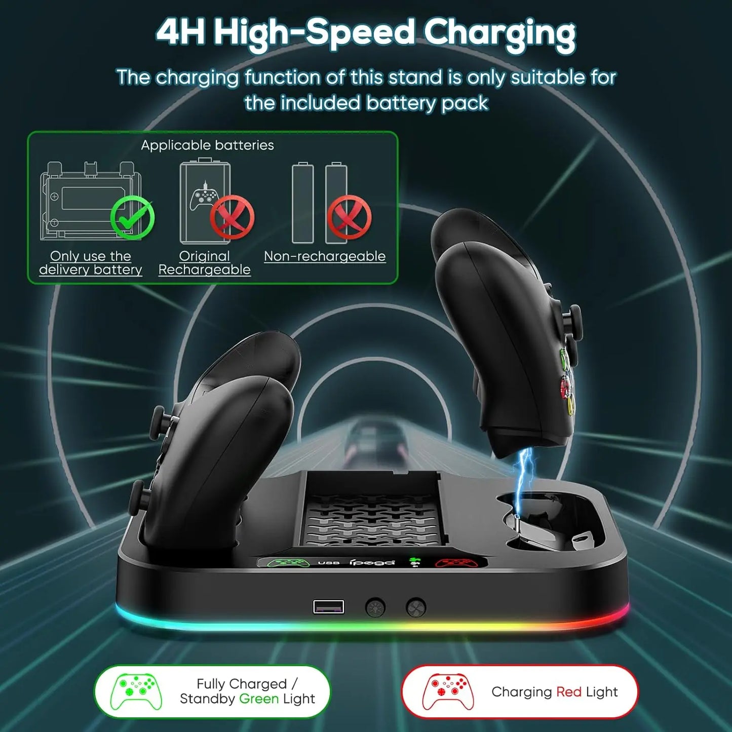 IPEGA Cooling Stand for Xbox Series S – RGB Light, Charging Station with 2x1400mAh Batteries, 3-Speed Adjustable Cooling Fan