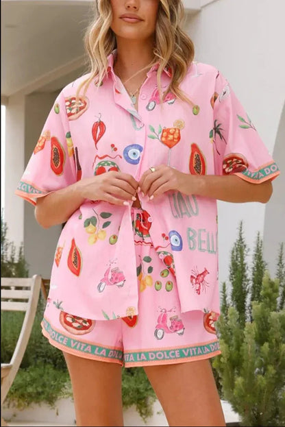 Women’s Summer 2-Piece Set – Lapel Short-Sleeve Shirt & Shorts, Elegant Loose Printed Outfit