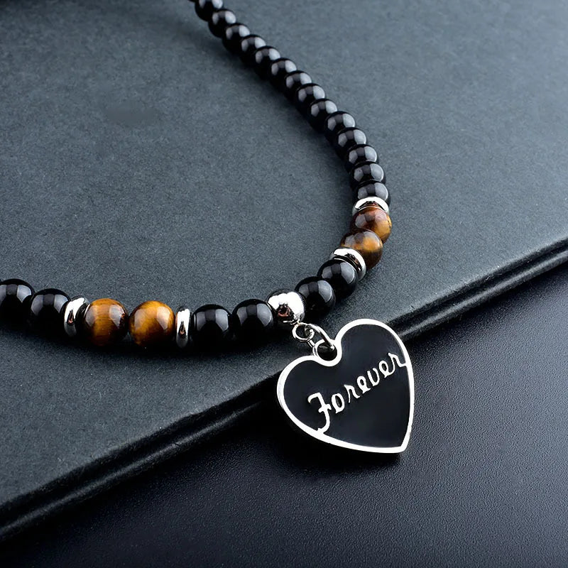 Stainless Steel Tiger Eye and Black Crystal Pendant Necklace for Men – Fashionable Natural Stone Beaded Strand Jewelry