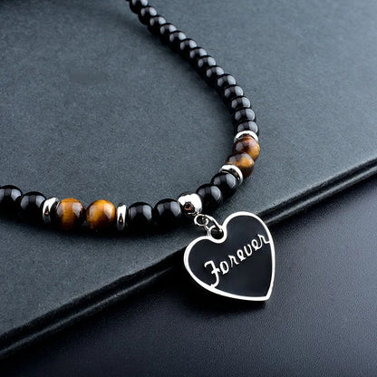 Stainless Steel Tiger Eye and Black Crystal Pendant Necklace for Men – Fashionable Natural Stone Beaded Strand Jewelry