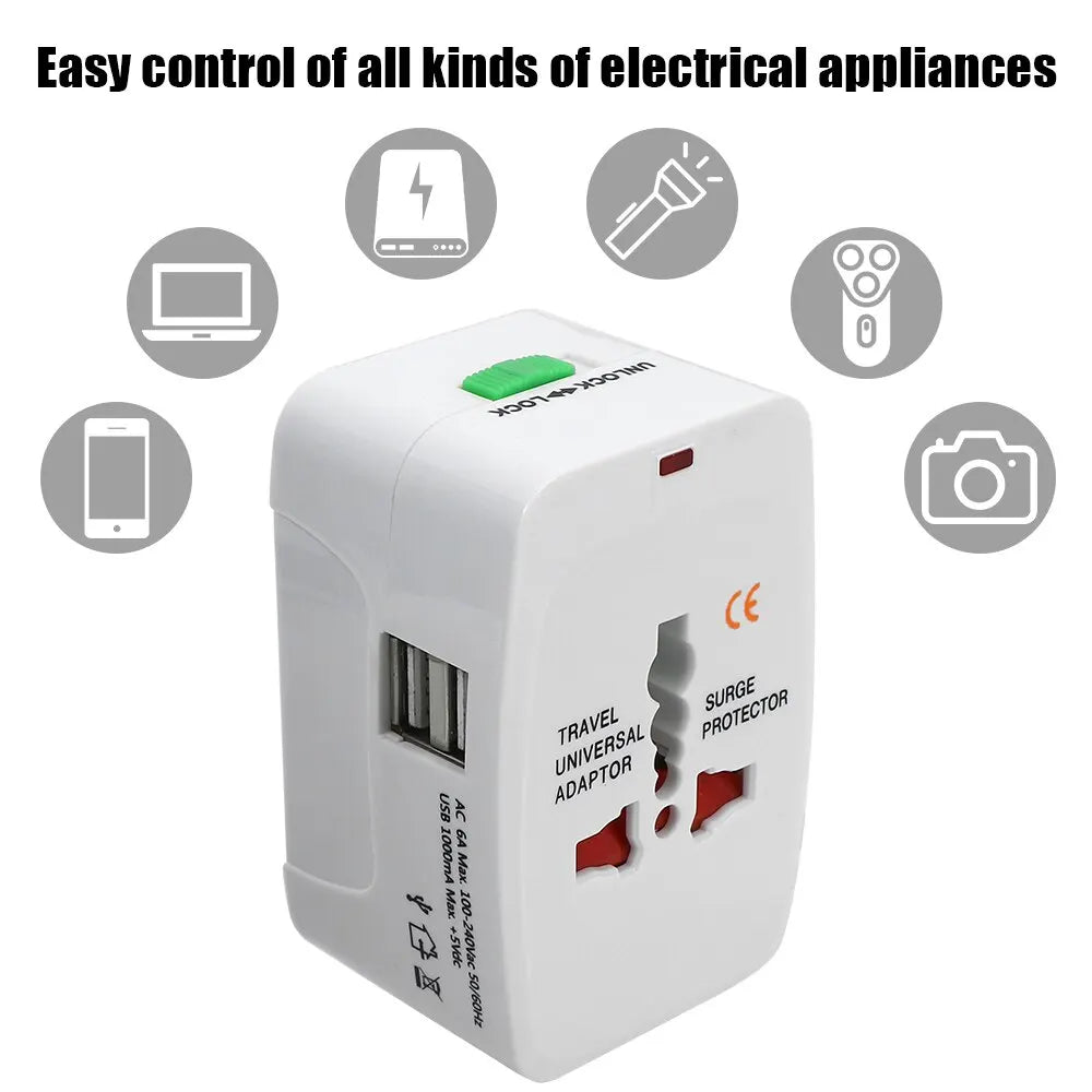 All-in-One International Plug Adapter — AU, US, UK, EU Converter with 2 USB Ports for World Travel
