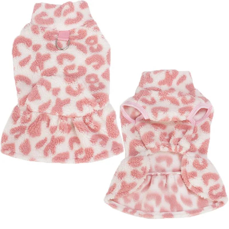 Leopard Print Dog Dress Coat – Winter Fleece Pullover Hoodie & Sleeveless Vest for Small Dogs, Chihuahua Puppy Skirt