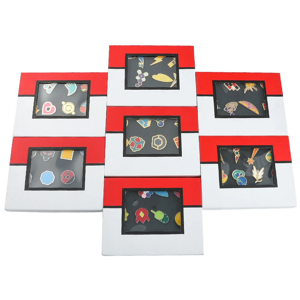 Pokemon Gym Badge Pin Set - Kanto to Kalos League Region Collectible Brooch Box